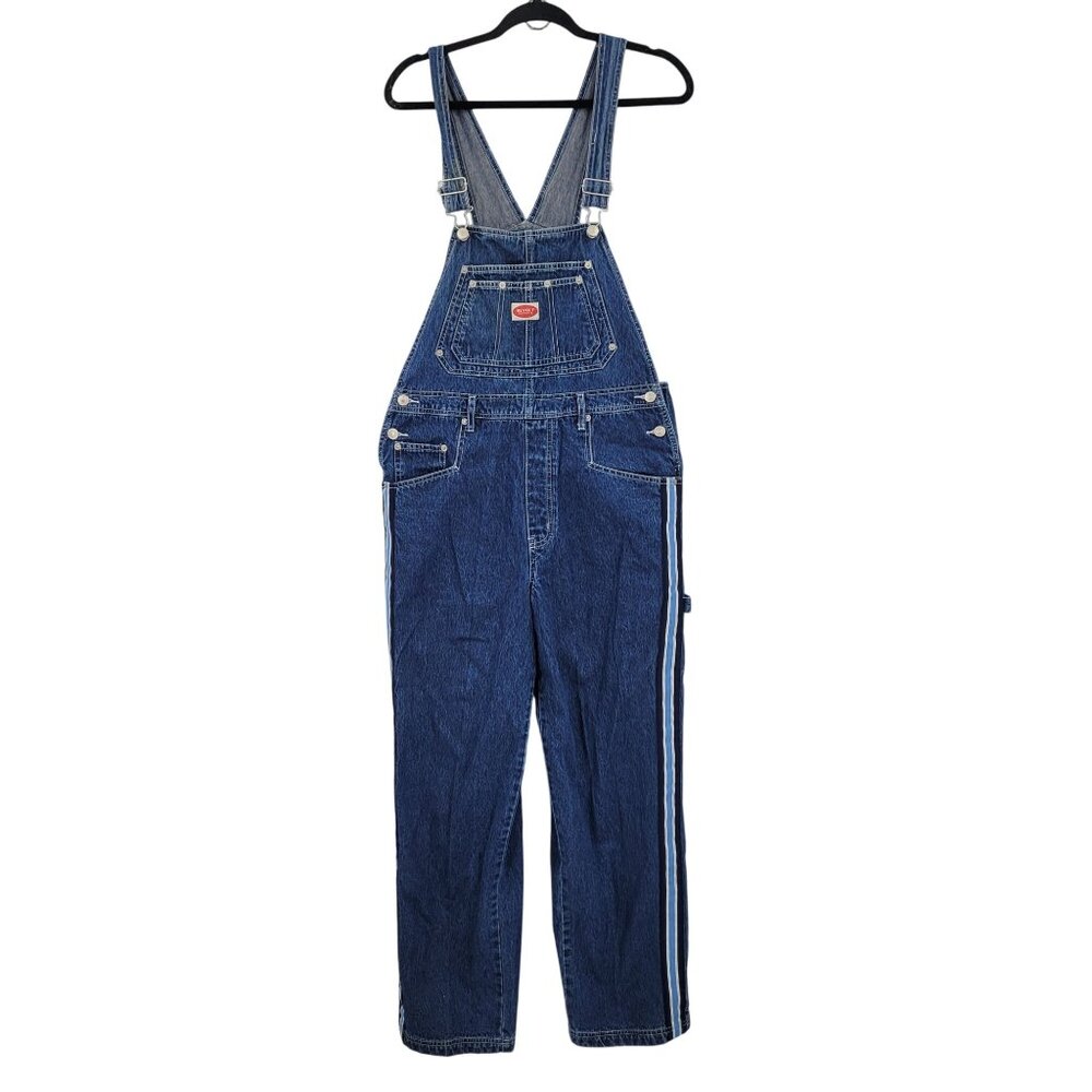 Vtg 80s Revolt Denim Overalls Sz L‎ Cotton Racing Stripe Pockets Streetwear